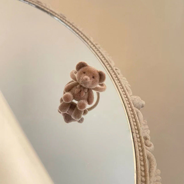 Cute Plush Flocking Bear Finger Ring – Open Adjustable Handmade Cartoon Ring for Women & Girls