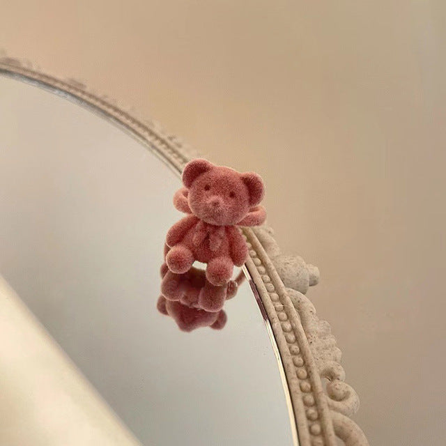 Cute Plush Flocking Bear Finger Ring – Open Adjustable Handmade Cartoon Ring for Women & Girls