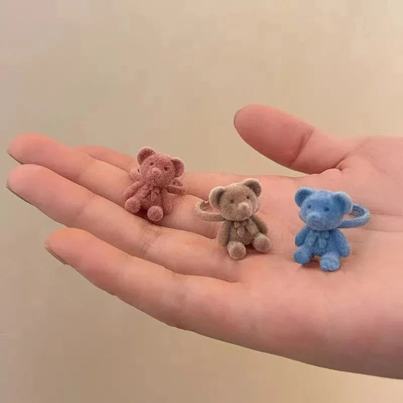 Cute Plush Flocking Bear Finger Ring – Open Adjustable Handmade Cartoon Ring for Women & Girls
