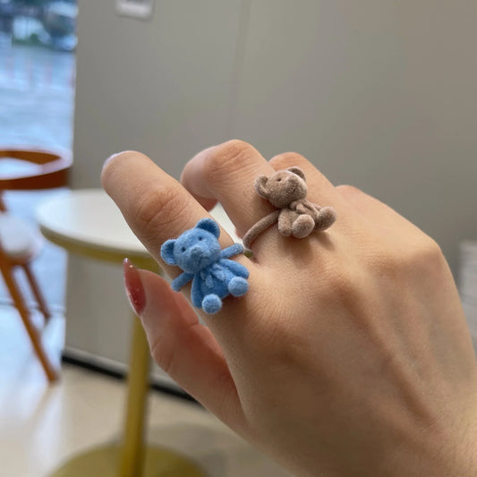Cute Plush Flocking Bear Finger Ring – Open Adjustable Handmade Cartoon Ring for Women & Girls