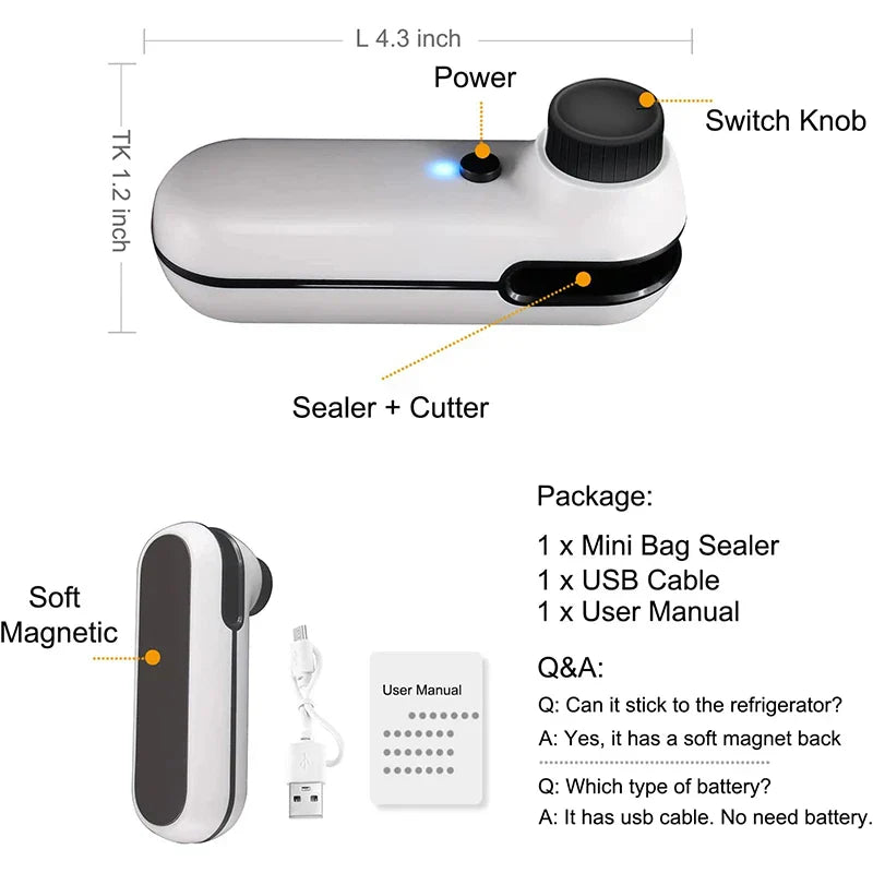 2-in-1 USB Rechargeable Mini Bag Sealer & Cutter – Portable Heat Sealer for Chip & Snack Bags