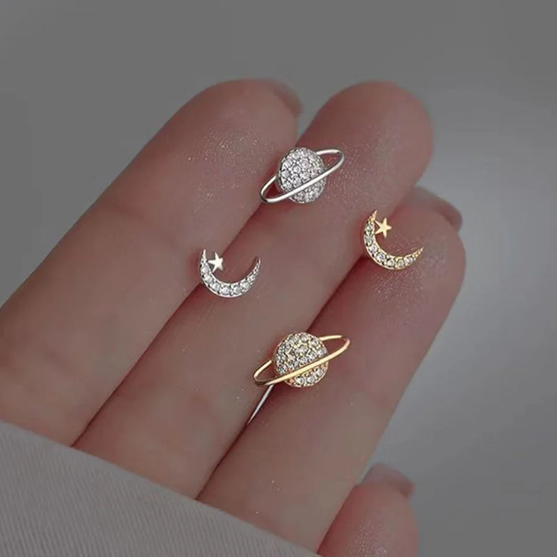 Star Moon Earrings - Cute Asymmetric Zircon Stud Earrings for Women