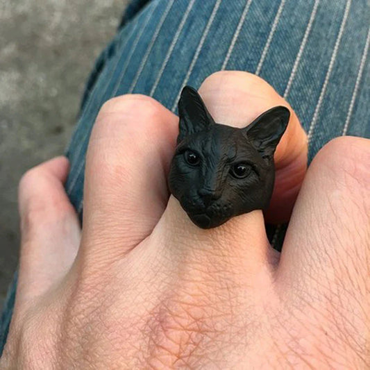 Cute Big Head Cat Ring – Adjustable Antique Silver & Matte Black Animal Kitty Ring for Women