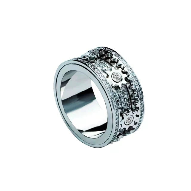 Handmade Rotating Gear Spinner Ring – Rose Gold & Silver CZ Diamond Anxiety Relief Band | Unisex
