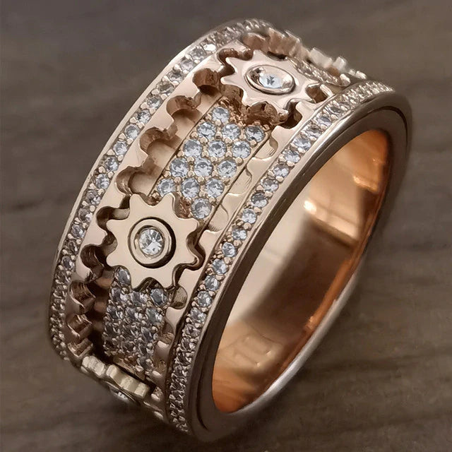 Handmade Rotating Gear Spinner Ring – Rose Gold & Silver CZ Diamond Anxiety Relief Band | Unisex