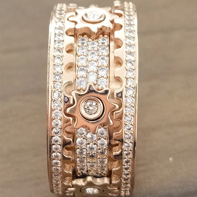 Handmade Rotating Gear Spinner Ring – Rose Gold & Silver CZ Diamond Anxiety Relief Band | Unisex