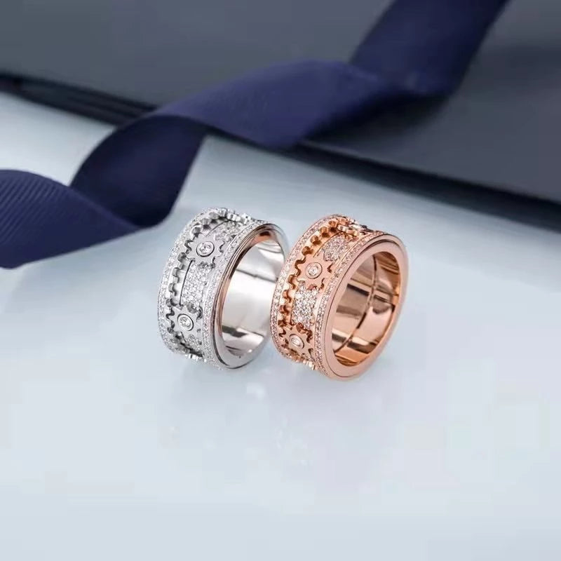Handmade Rotating Gear Spinner Ring – Rose Gold & Silver CZ Diamond Anxiety Relief Band | Unisex