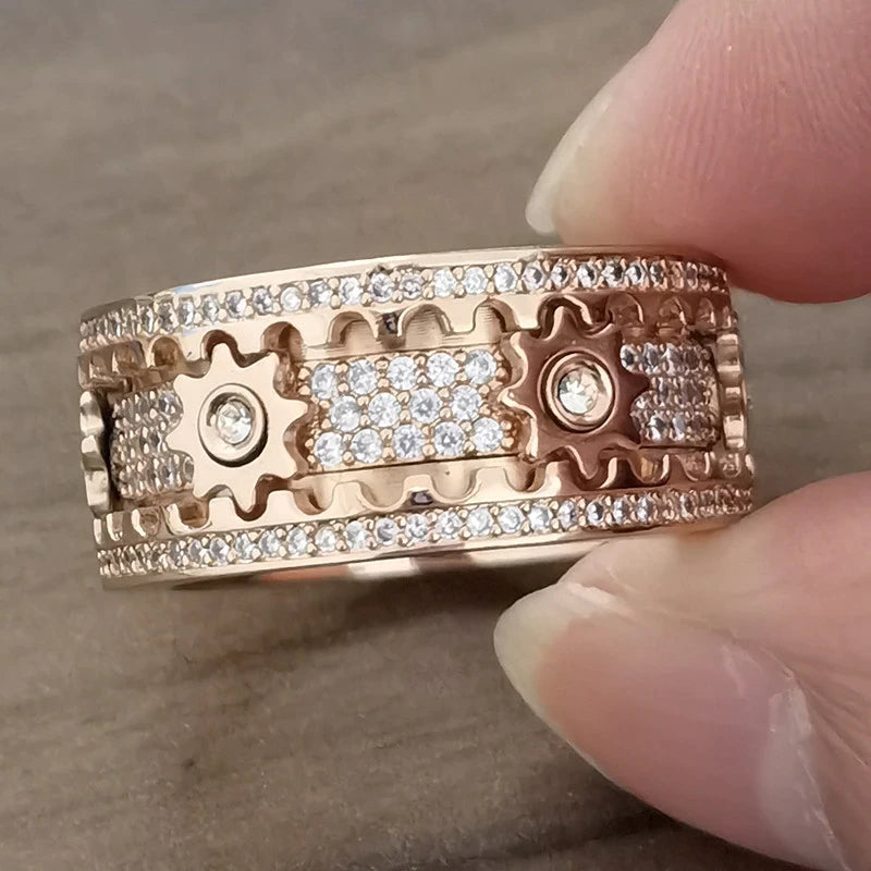 Handmade Rotating Gear Spinner Ring – Rose Gold & Silver CZ Diamond Anxiety Relief Band | Unisex