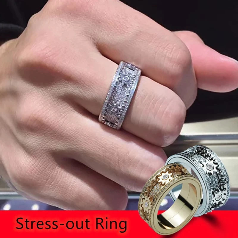 Handmade Rotating Gear Spinner Ring – Rose Gold & Silver CZ Diamond Anxiety Relief Band | Unisex