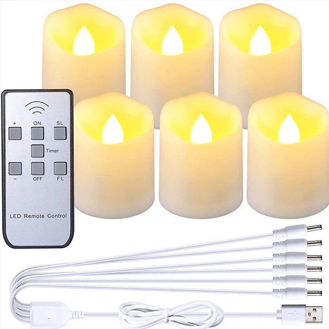 Rechargeable LED Flameless Tea Candles (Set of 6) – Remote Control & Timer | Warm White Flickering Light