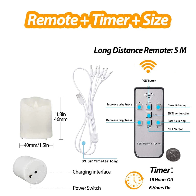 Rechargeable LED Flameless Tea Candles (Set of 6) – Remote Control & Timer | Warm White Flickering Light