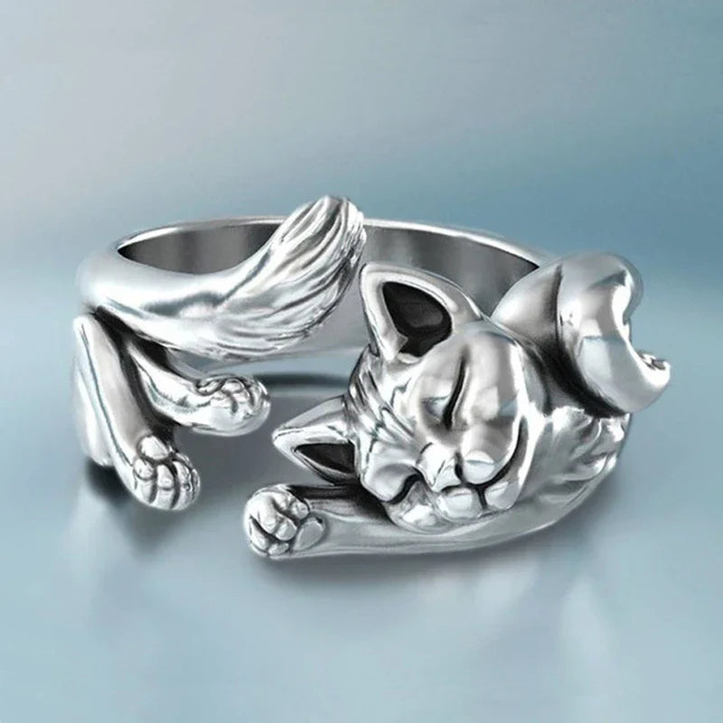 Japanese Style Cute Cat Ring – Blue Rhinestone Eyes Simplicity Fashion Jewellery for Men & Women
