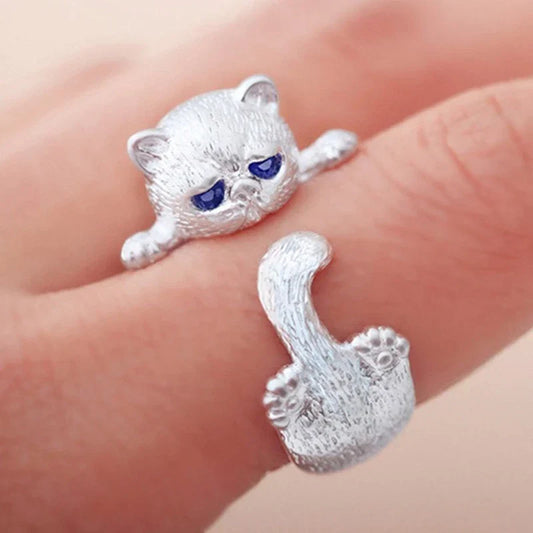 Japanese Style Cute Cat Ring – Blue Rhinestone Eyes Simplicity Fashion Jewellery for Men & Women