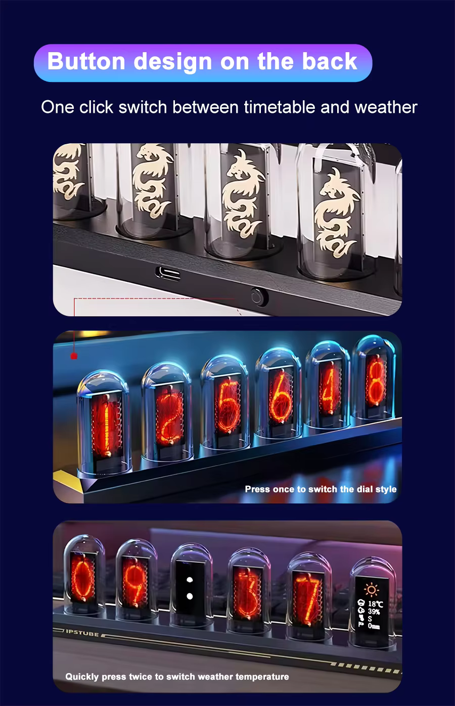 RGB Nixie Tube Clock – LED Glow IPS Colour Screen Retro Digital Desk Clock for Home & Office Decor