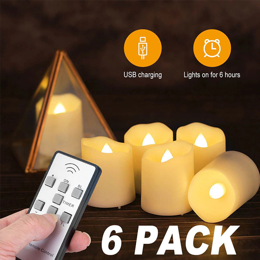 Rechargeable LED Flameless Tea Candles (Set of 6) – Remote Control & Timer | Warm White Flickering Light