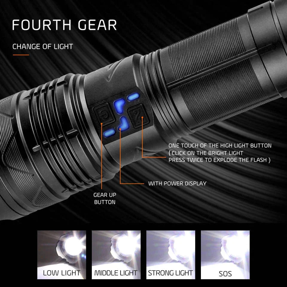 GT60 Super Bright Tactical Flashlight – 100W Long Range LED Torch