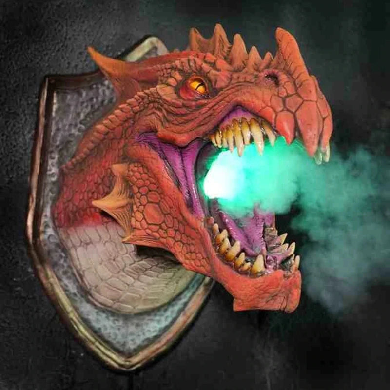 3D Dragon Head Wall Mount with Smoke & LED Light – Faux Taxidermy Dragon Sculpture | Fantasy Home Decor Gift