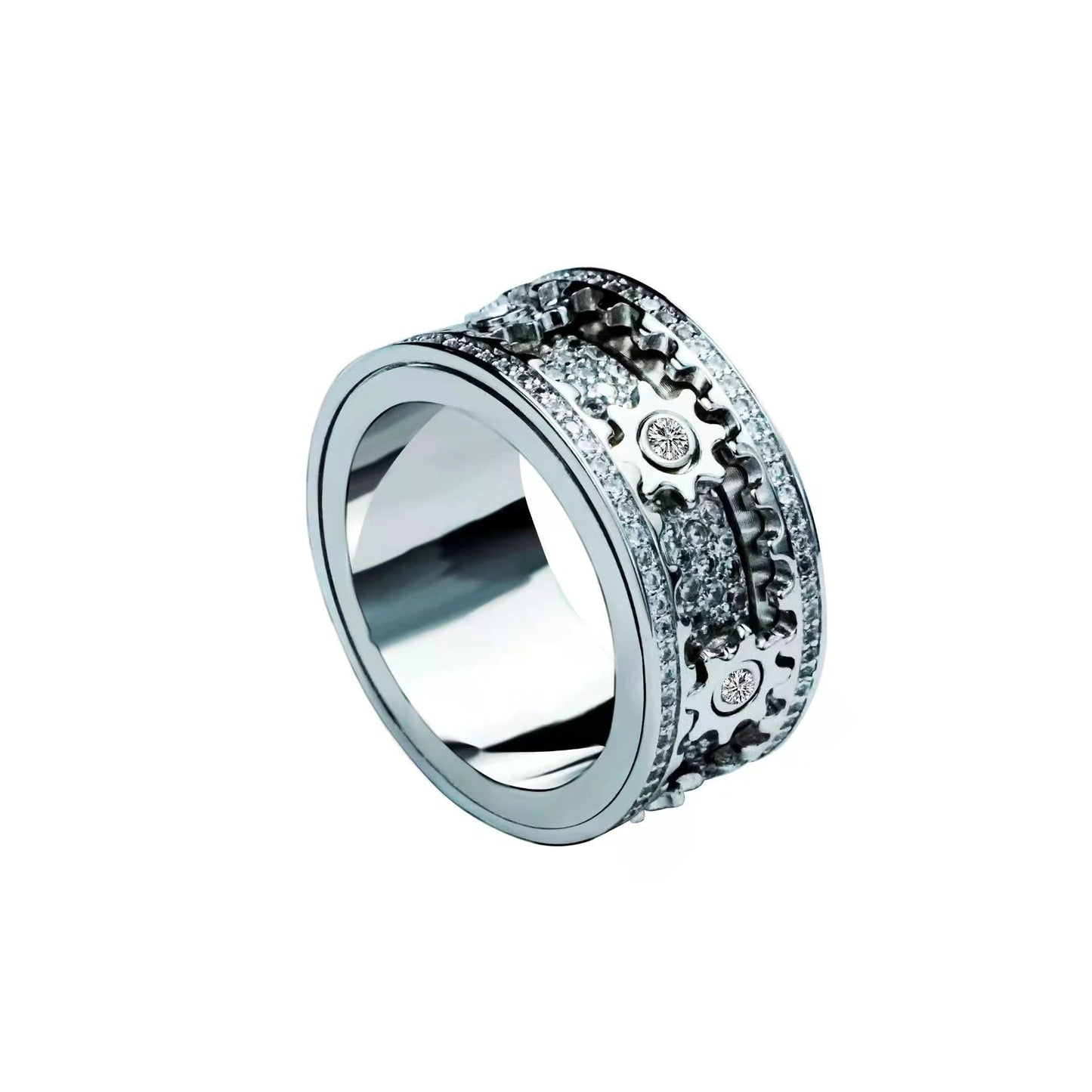 Handmade Rotating Gear Spinner Ring – Rose Gold & Silver CZ Diamond Anxiety Relief Band | Unisex