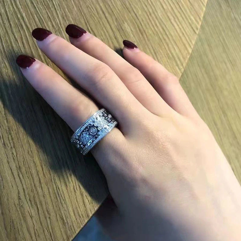 Handmade Rotating Gear Spinner Ring – Rose Gold & Silver CZ Diamond Anxiety Relief Band | Unisex