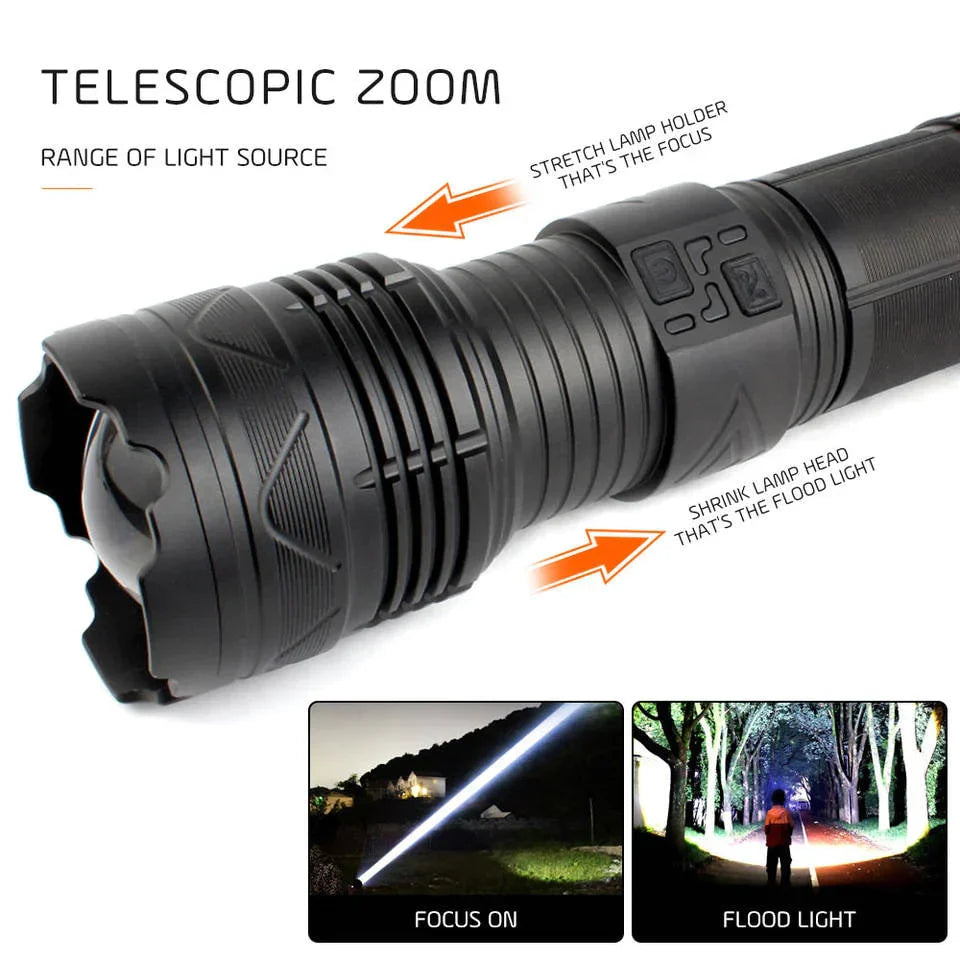 GT60 Super Bright Tactical Flashlight – 100W Long Range LED Torch