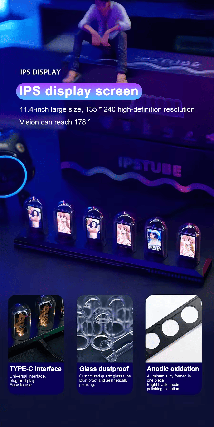 RGB Nixie Tube Clock – LED Glow IPS Colour Screen Retro Digital Desk Clock for Home & Office Decor