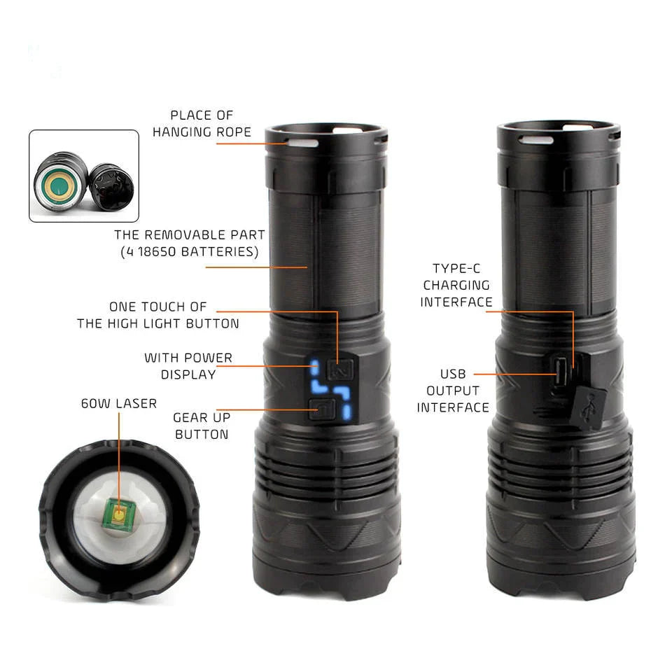 GT60 Super Bright Tactical Flashlight – 100W Long Range LED Torch