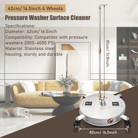 16.5" Stainless Steel Pressure Washer Surface Cleaner – 4000 PSI | Dual Rotating Jets & 4 Wheels