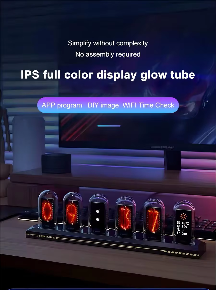 RGB Nixie Tube Clock – LED Glow IPS Colour Screen Retro Digital Desk Clock for Home & Office Decor