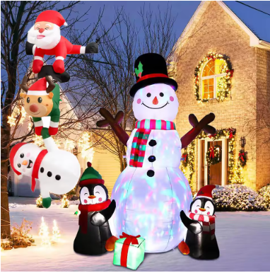 8FT Inflatable Christmas Climbing Santa Claus with Reindeer & Snowman, Built-in LED