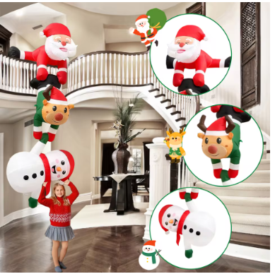 8FT Inflatable Christmas Climbing Santa Claus with Reindeer & Snowman, Built-in LED