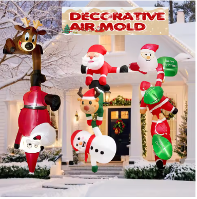 8FT Inflatable Christmas Climbing Santa Claus with Reindeer & Snowman, Built-in LED