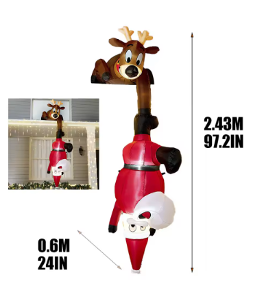 8FT Inflatable Christmas Climbing Santa Claus with Reindeer & Snowman, Built-in LED