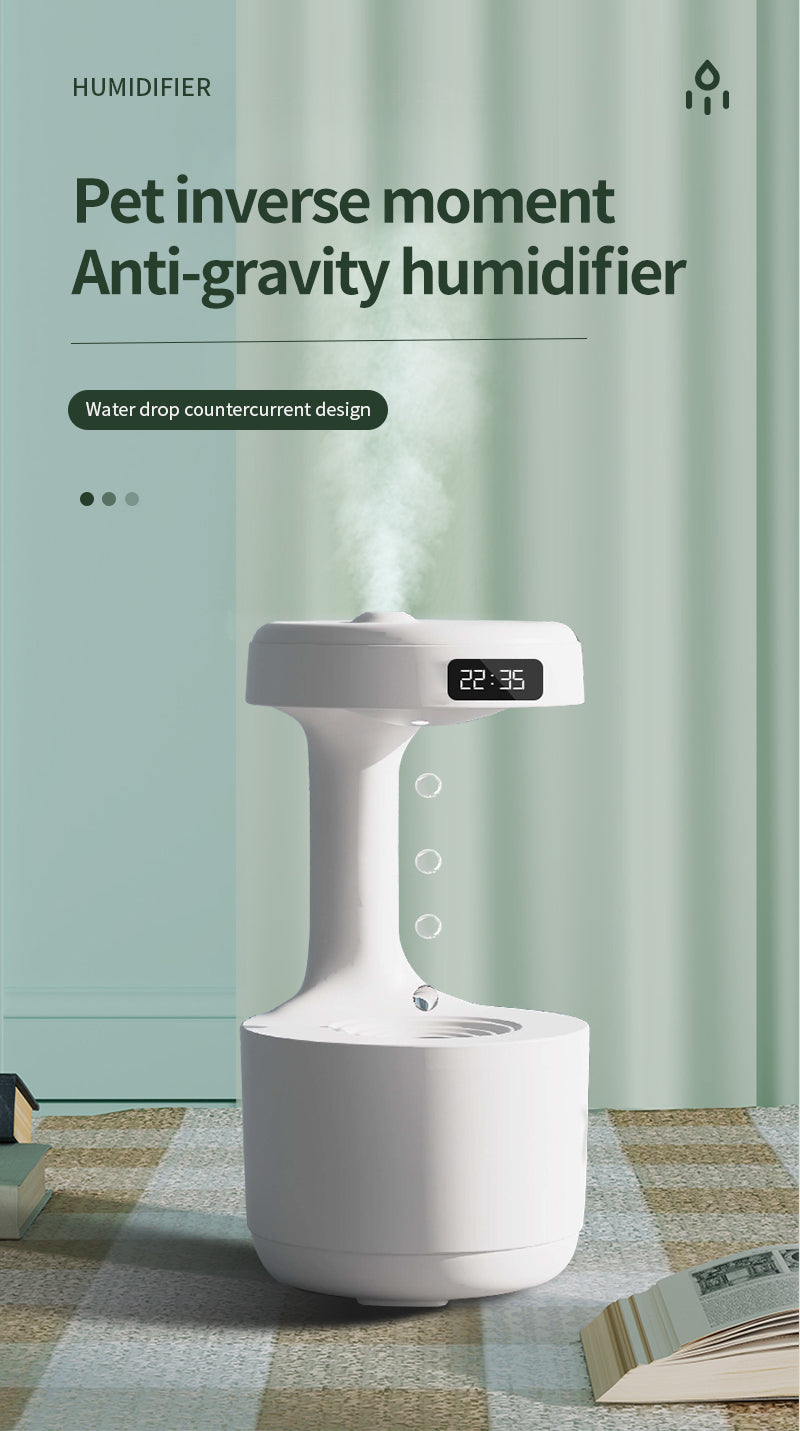 Anti-Gravity Humidifier & Aroma Diffuser – Smart LED Clock, 800ml, Whisper-Quiet
