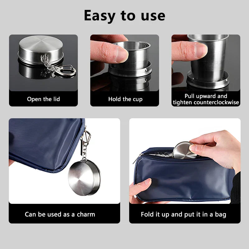 Stainless Steel Folding Travel Cup – Collapsible Telescopic Camping Mug (75ml / 150ml / 250ml)