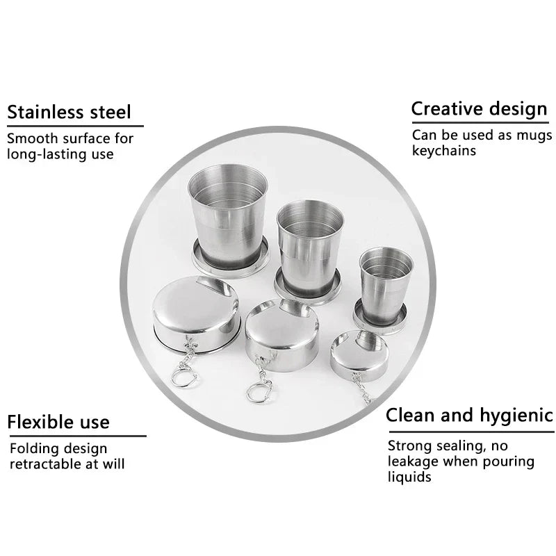 Stainless Steel Folding Travel Cup – Collapsible Telescopic Camping Mug (75ml / 150ml / 250ml)