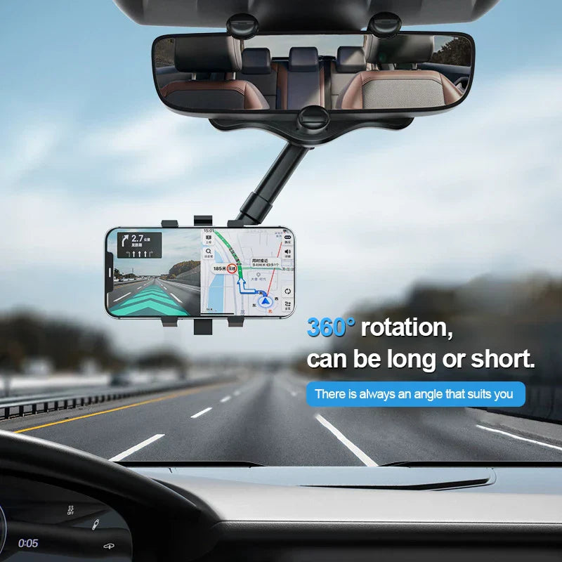 Universal Car Rearview Mirror Phone Holder – 360° Adjustable Mount for All Smartphones