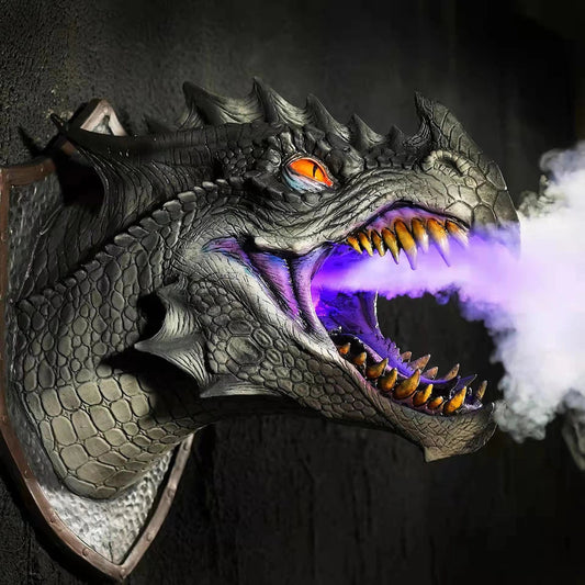 3D Dragon Head Wall Mount with Smoke & LED Light – Faux Taxidermy Dragon Sculpture | Fantasy Home Decor Gift