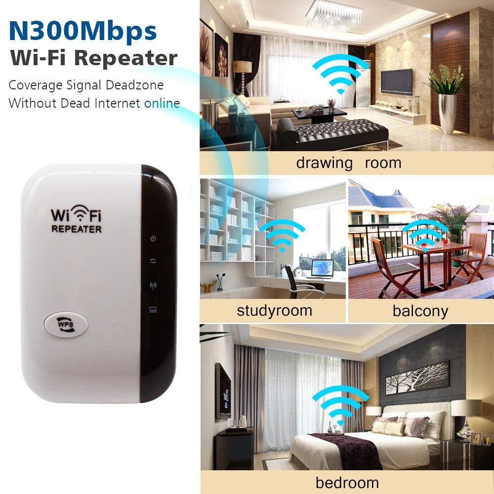 300Mbps WiFi Repeater & Range Extender – Wireless Signal Booster with WPS for Home & Office