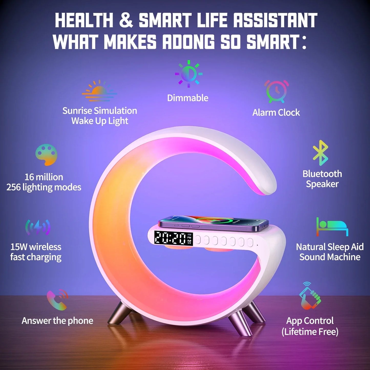 Smart RGB Bluetooth Speaker – Wireless Charging, Night Light & Alarm Clock