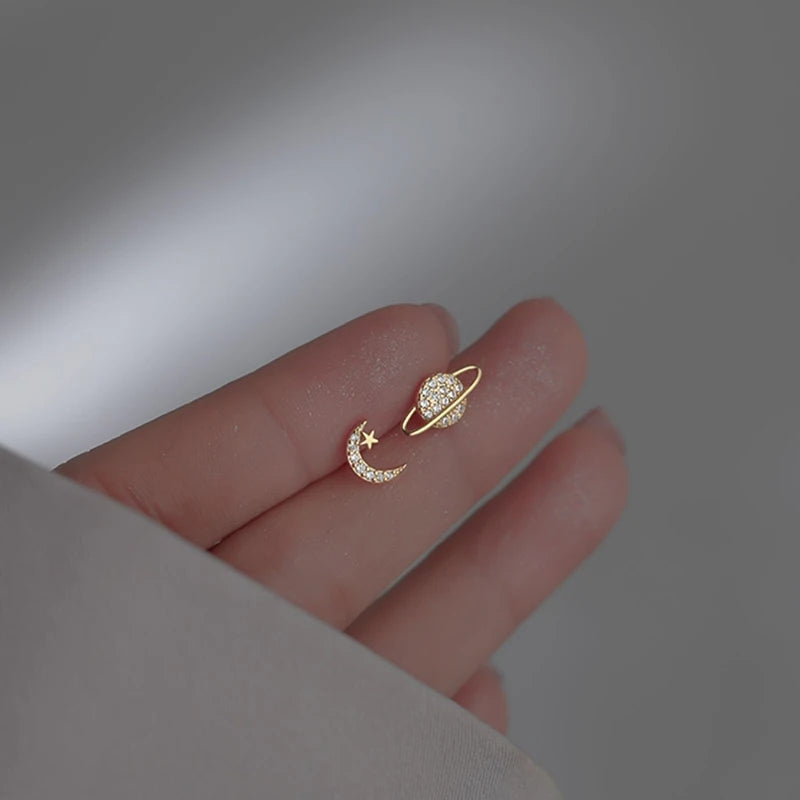 Star Moon Earrings - Cute Asymmetric Zircon Stud Earrings for Women