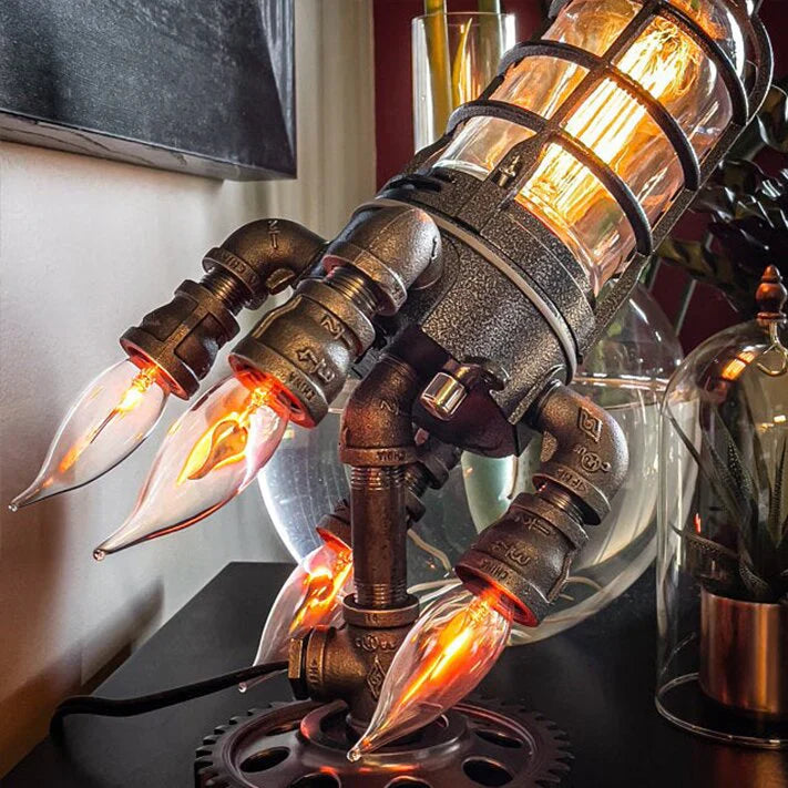 Steampunk Rocket Lamp – Vintage Industrial LED Table Light for Home, Office & Desk Decor