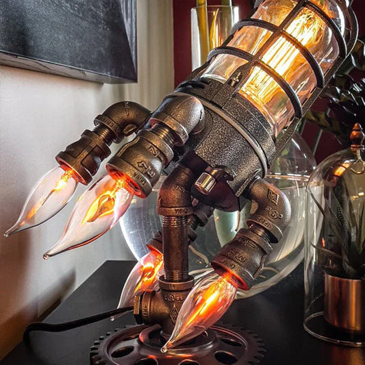 Steampunk Rocket Lamp – Vintage Industrial LED Table Light for Home, Office & Desk Decor