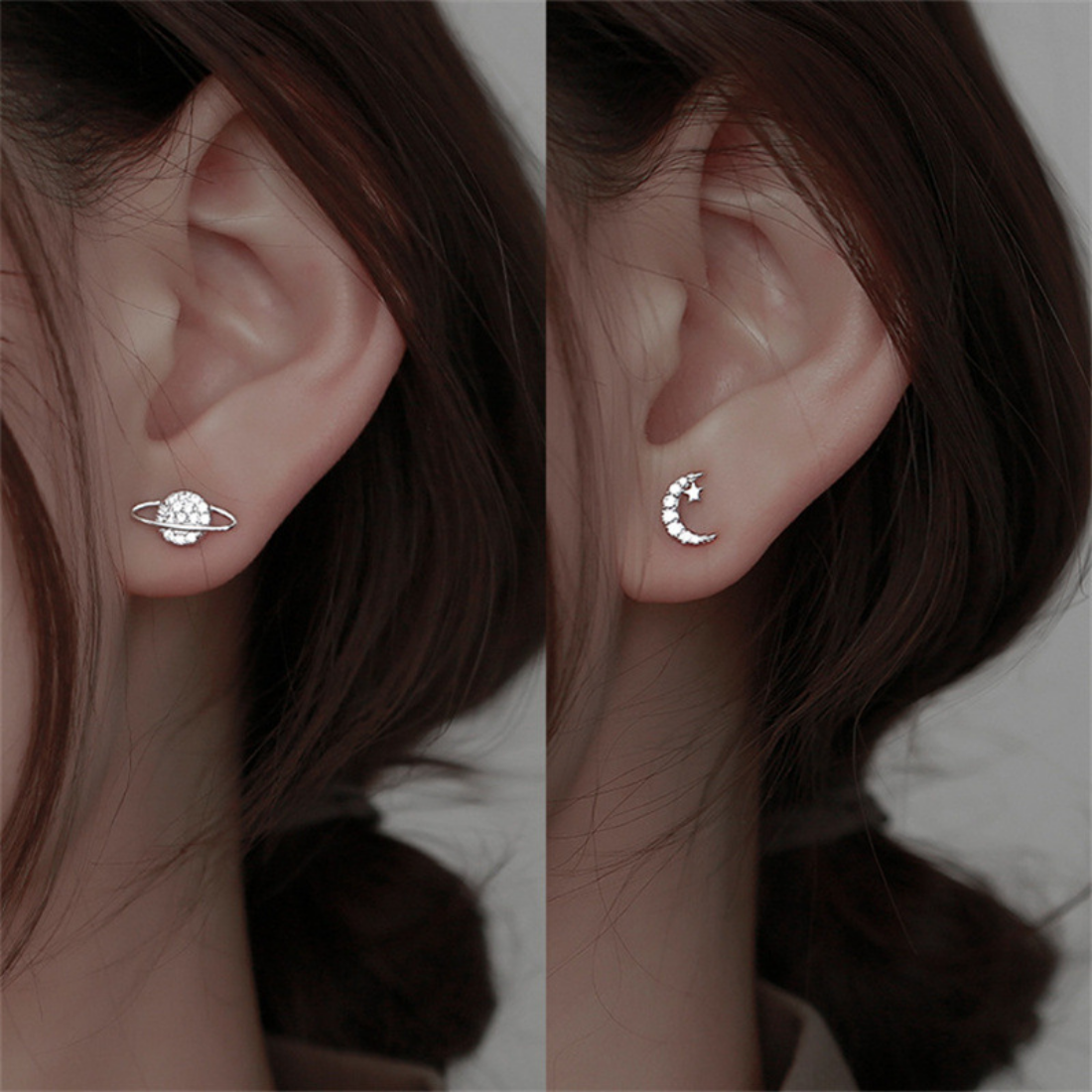 Star Moon Earrings - Cute Asymmetric Zircon Stud Earrings for Women