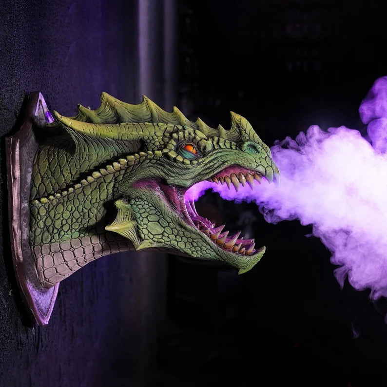 3D Dragon Head Wall Mount with Smoke & LED Light – Faux Taxidermy Dragon Sculpture | Fantasy Home Decor Gift