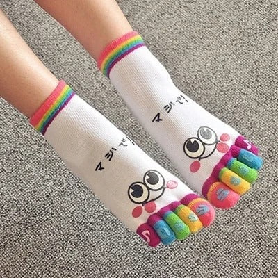 Five-Toe Crew Socks – Funny Short Cartoon Smiley Finger Show Socks