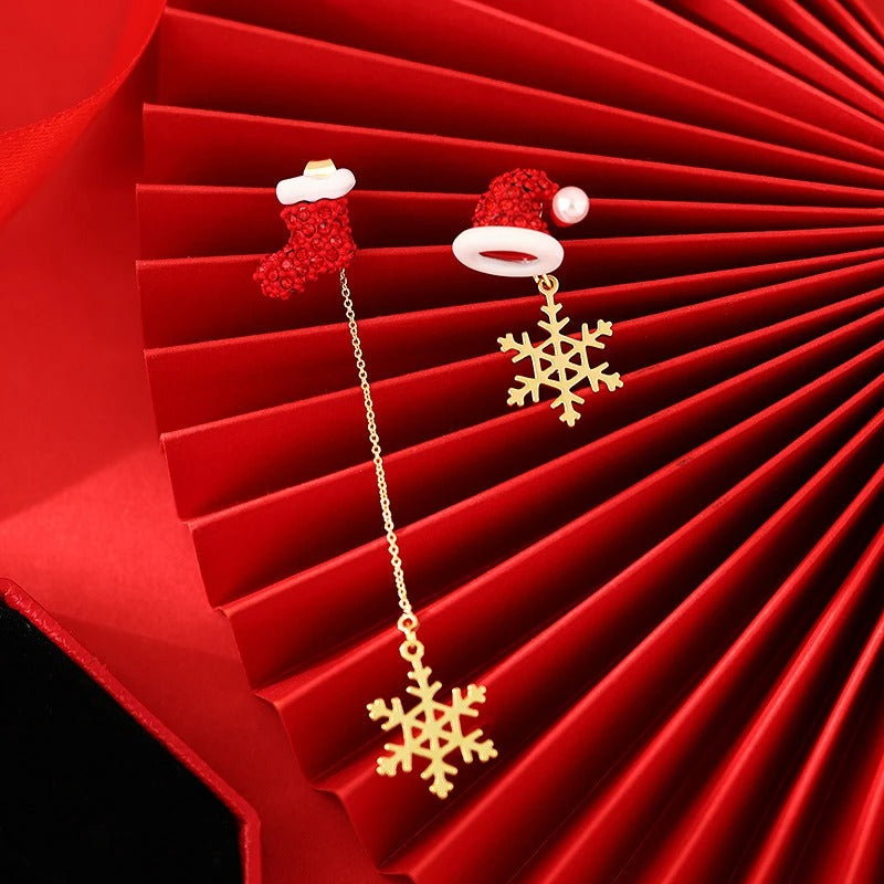 Asymmetric Snowflake Christmas Boot & Hat Drop Earrings – Festive Statement Jewellery for the Holiday Season