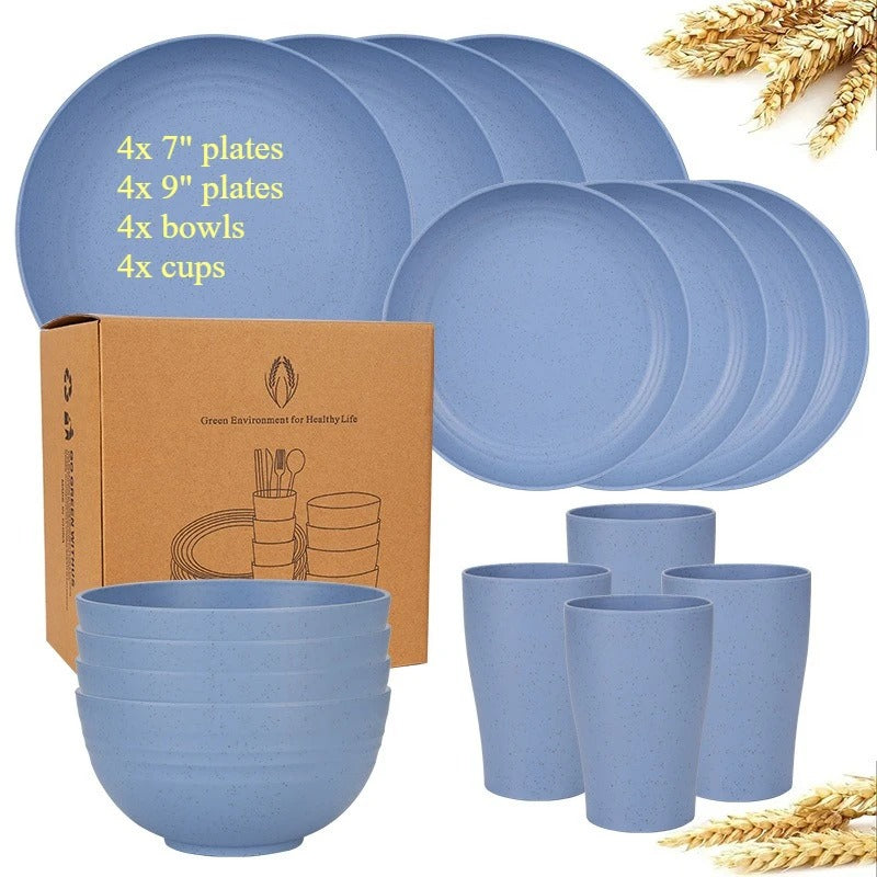 Biodegradable Dinnerware Set – Unbreakable Plates, Bowls & Cups | 16-Piece Lightweight Kitchen Set