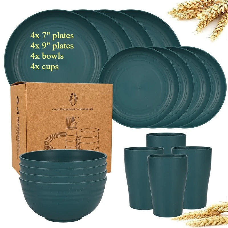 Biodegradable Dinnerware Set – Unbreakable Plates, Bowls & Cups | 16-Piece Lightweight Kitchen Set