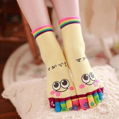 Five-Toe Crew Socks – Funny Short Cartoon Smiley Finger Show Socks