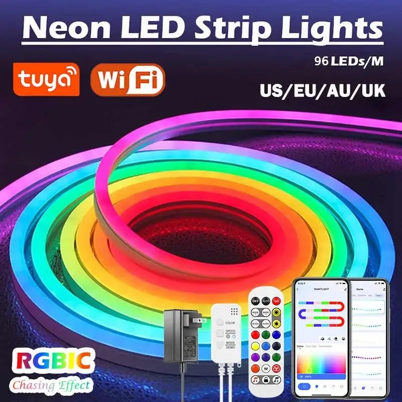 TUYA Neon LED Strip Lights – 5-24V 96LEDs/M Silicone Neon Rope Light with Music Sync & App Control